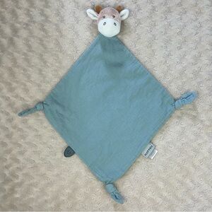 Nattou Cow Giraffe Lovey Security Blanket Blue Tan White Knotted Corners